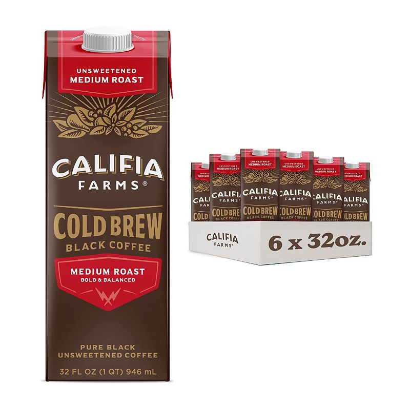 Photo 1 of **BB DEC 2022!!!***   Califia Farms - Pure Black Medium Roast Cold Brew Coffee, 32 Oz (Pack of 6), 100% Arabica, Shelf Stable, Plant Based, Vegan, Gluten Free, Non GMO, Sugar Free, Iced Coffee