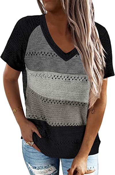 Photo 1 of Biucly Fashion Womens V Neck Short Sleeve Tshirts Knit Color Block Striped T Shirts Tunic Tops for Women Casual Summer,US 4-6(S),Black,White,Grey SIZE SMALL 