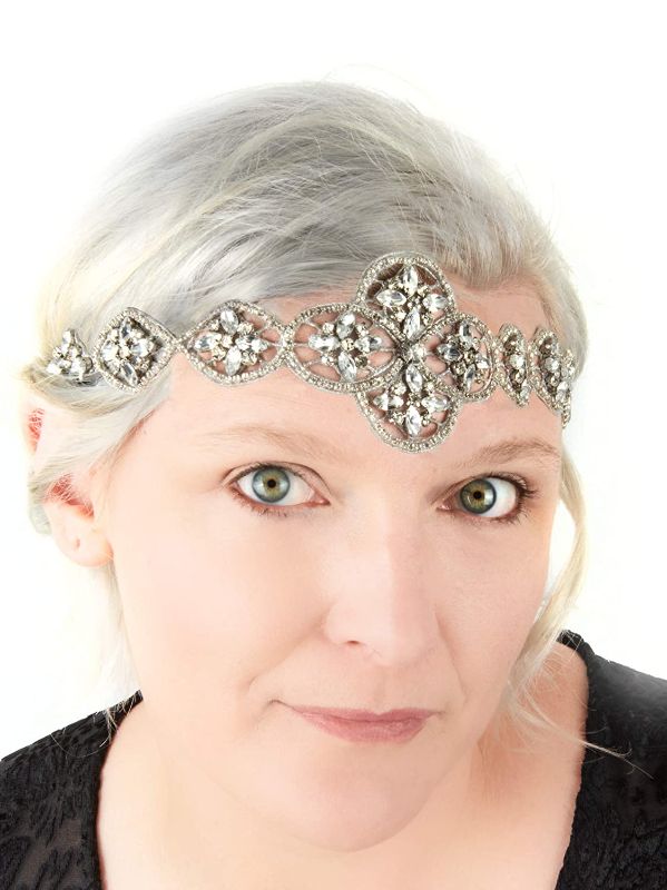 Photo 2 of Bohomonde, Indira Headband Silver & Crystal beaded headband, Boho Headpiece (Crystal/Silver with Center Medallion)
