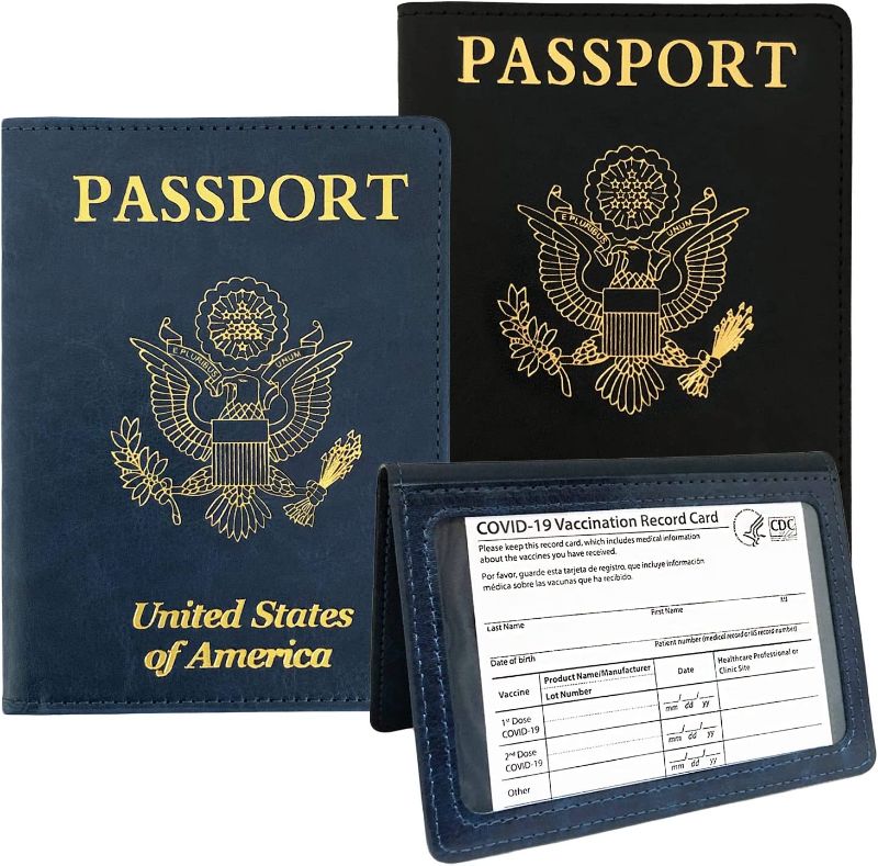 Photo 1 of 2 COUNT 2 Pack PU Leather Passport and Vaccine Card Holder Combo , 2 Passport Holder with Vaccine Card Slot , Vaccine Card Protector Waterproof Passport Holder , Vax Card Holder , Vaccine Card Covers , Passport Book (Double Pack, Dark Blue and Black)