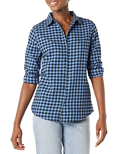 Photo 1 of Amazon Essentials Women's Classic-Fit Long-Sleeve Lightweight Plaid Flannel Shirt, Black/Blue, Mini Buffalo Plaid, Medium