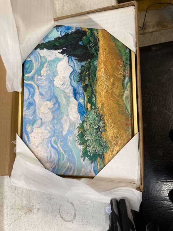 Photo 1 of 17x13, Wieco Art Framed Wall Art Canvas Prints of Wheat Field with Cypresses by Van Gogh Paintings Reproduction Abstract Artwork for Wall Decor Golden Frame
