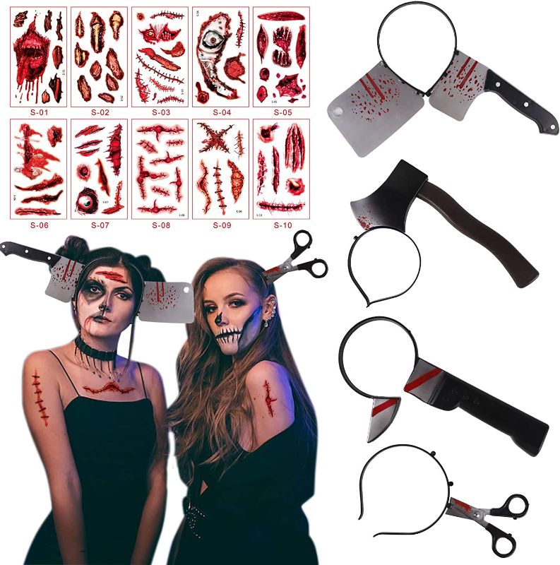 Photo 1 of 4pcs Weapons Headbands and 10 Stickers Decorations, Halloween Scary Fake Cheap Plastic Knifes Weapons Axe Cleaver and Scissor Through Head Prop for Party Costumes Decor for Men Women Adults Kids
