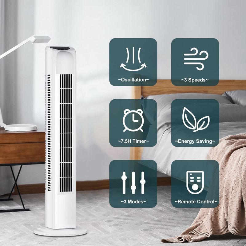 Photo 1 of Uthfy Oscillating Tower Fan with Remote, Quiet Cooling Portable Bladeless Tower Fans,Electric Standing Floor Fan with 3 Wind Speeds 3 Modes for Bedroom,Indoor,Office and Home Use,30" White Tower Fan ( USED ITEM )
