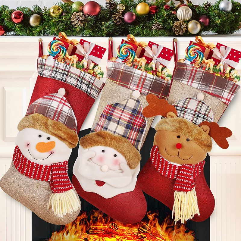 Photo 1 of 
DG-Direct Christmas Stockings, 3 Pack Big Xmas Stockings Decoration, 3D Plush Socks Gift Bags for Kids Decor Home Ornament Holiday Party Supplies, Burlap
