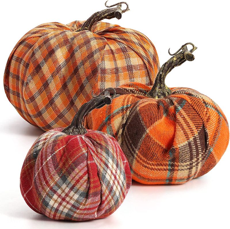 Photo 1 of 
DomeStar Artificial Pumpkins, 3PCS Fabric Pumpkins Burlap Pumpkins Assorted Fake Pumpkins Plaid Pumpkins Farmhouse Pumpkins Fall Pumpkin for Halloween