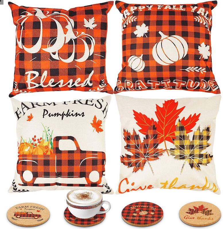 Photo 1 of 
hatatit 18"x18" Thanksgiving Fall Throw Pillowcases Set of 4 Orange Black Buffalo Check Plaid Pillow Covers Home Linen Cotton Cushion Cover with 4