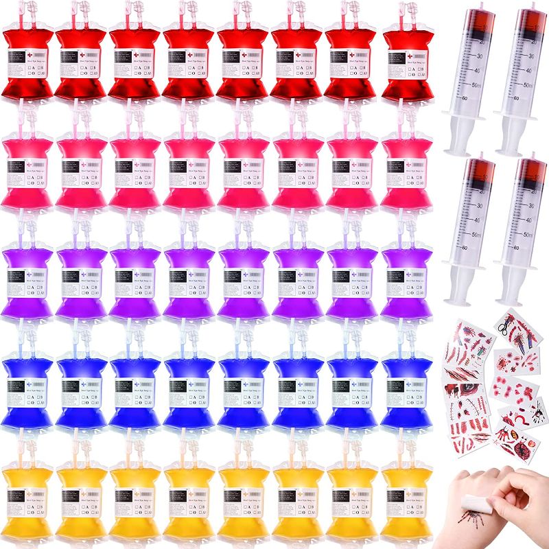 Photo 1 of 
40 Pack Blood IV Bags for Drinks + 30 Pcs Halloween Scar Tattoos for Halloween Party Supplies, Reusable Energy Drink Container Juice Pouch Prop Cups.