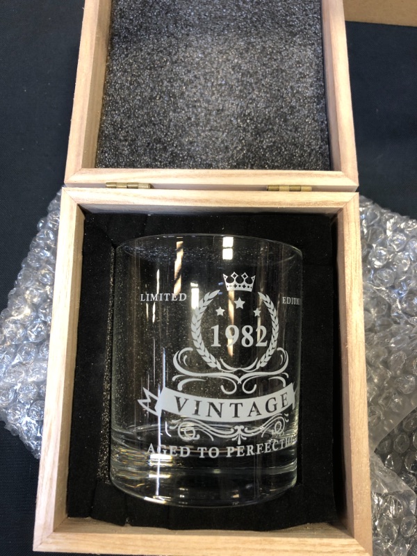 Photo 2 of 40th Birthday Gifts for Men, 1982 Whiskey Glass in Valued Wooden Box, Vintage 1982 Anniversary Etched 12oz Whiskey Rocks Glass for 40 Years Old Dad, Husband, Friend, 40th Birthday Decorations for Men
