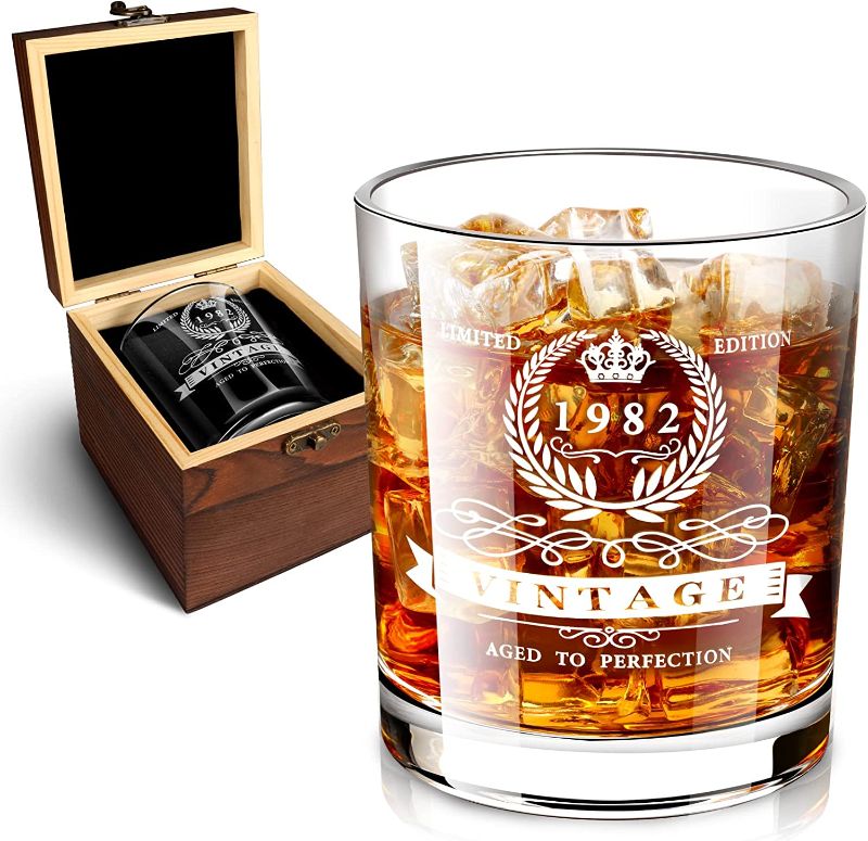 Photo 1 of 40th Birthday Gifts for Men, 1982 Whiskey Glass in Valued Wooden Box, Vintage 1982 Anniversary Etched 12oz Whiskey Rocks Glass for 40 Years Old Dad, Husband, Friend, 40th Birthday Decorations for Men
