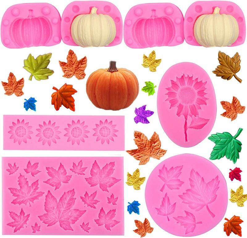 Photo 1 of 3D Pumpkin Silicone Mold, Mini Pumpkin Mold for Halloween Thankgiving Cupcake Molds, Autumn Sunflower Maple Leaves Daisy Fondant Cake Decorating Chocolate Candy Clay Moulds for Fall Thanks Giving
