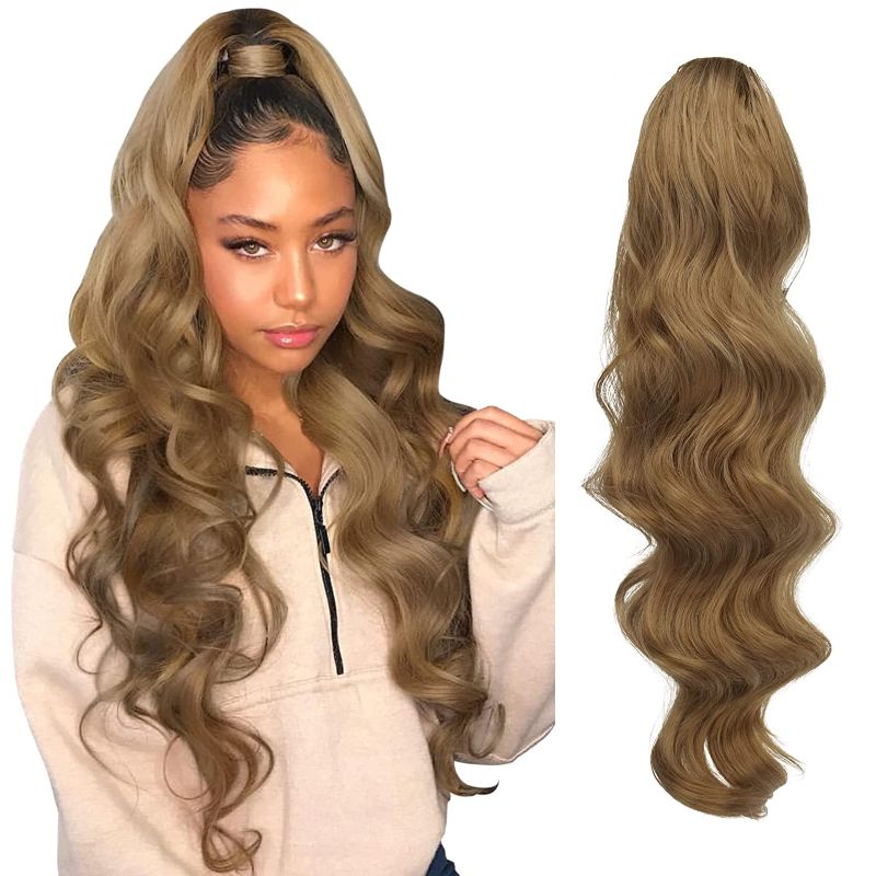Photo 1 of FESHFEN Ponytail Hair Extensions Body Wave Clip in Synthetic Ponytails 24 inch Long Hair Pieces Drawstring Pony Tails Hairpieces for Women Girls
