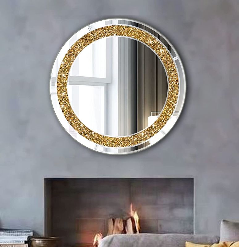 Photo 1 of ZOLAPI Round Crystal Rhinestone Diamond Wall Mirror.Brilliant Hand-Spliced Glass Mirror.Gold Accent Decorative Mirror for Hallway/Bathroom/Bedroom