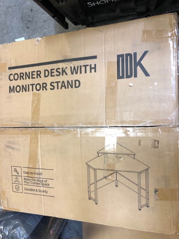 Photo 1 of ODK Corner Desk Space Saving Small Desk with Sturdy Steel Frame, Computer Desk with Monitor Stand for Small Space, Easy Assembly Triangle Vanity Desk with Durable Wooden Desktop Vintage