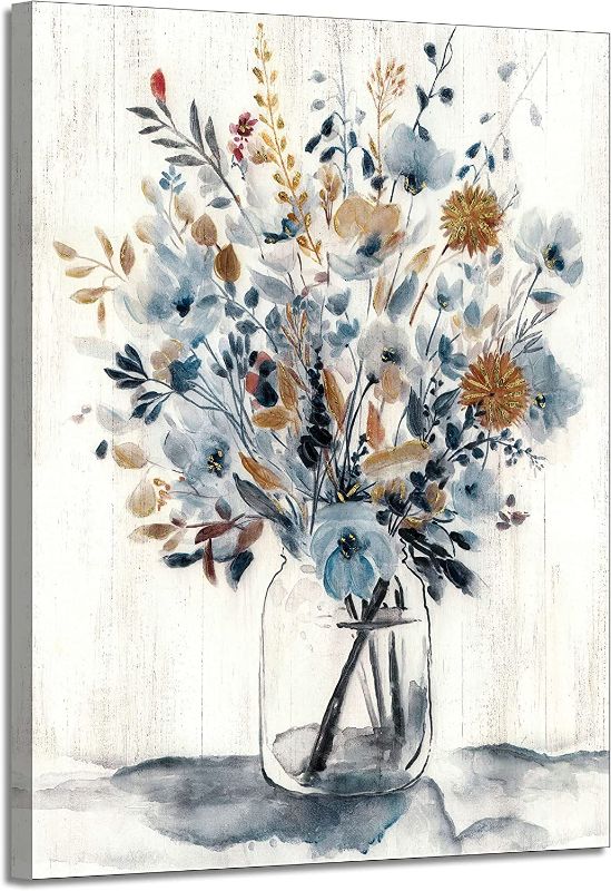Photo 1 of Abstract Flower Picture Wall Art - Bouquet Blossoms in Mason Jar Painting Rustic Blue Floral Print on Canvas Farmhouse Artwork for Modern Bedroom Living Room Office
