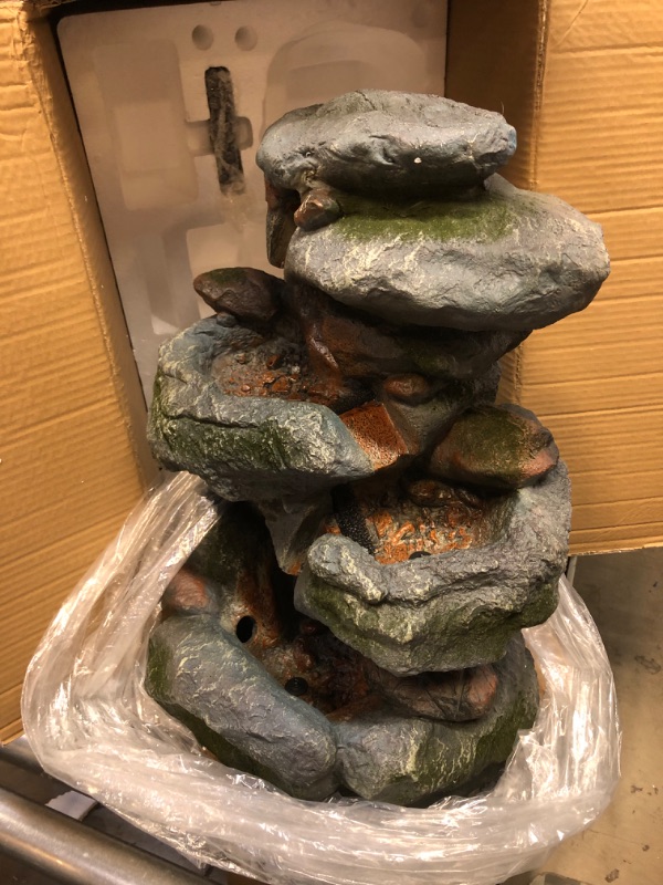 Photo 1 of Alpine Corporation WIN582 Tall Outdoor 3-Tier Rock Waterfall Fountain with LED Lights, 15"L x 13"W x 22"H, Gray/Beige