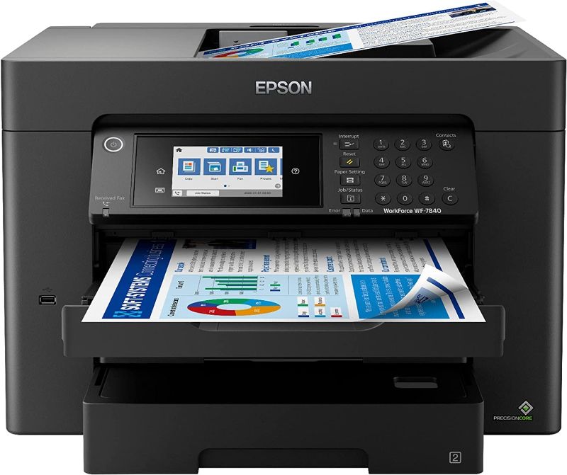 Photo 1 of Epson Workforce Pro WF-7840 Wireless Wide-Format All-in-One Color Inkjet Printer - Print Scan Copy Fax - 4.3" LCD, 25 ppm, 4800 x 2400 dpi, 13" x 19", 50-Sheet ADF, Auto 2-Sided Printing, Ethernet
