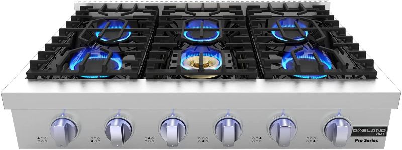 Photo 1 of 36 Inch Gas Cooktop, GASLAND Chef Professional Natural Gas Rangetop Slide-in Pro RT3606 with Blue Indicator Lights, 6 Deep Recessed Sealed burners, Cast Iron Grates, Re-ignition, 120V Plug-in
