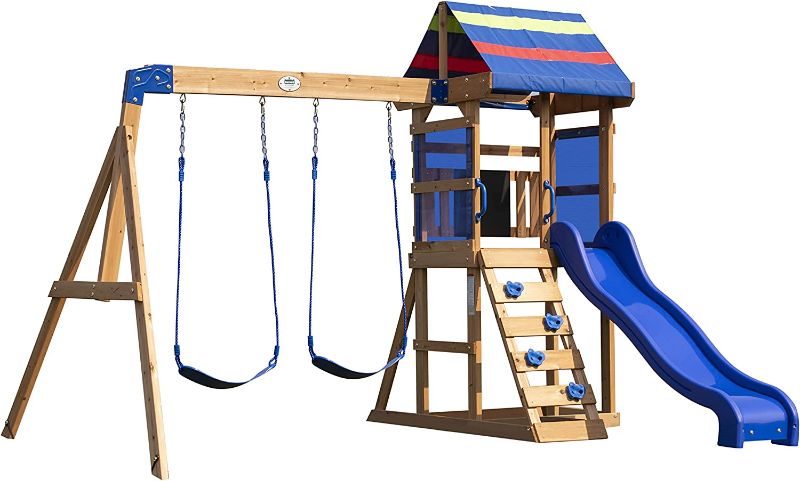 Photo 1 of (COMES WITH 2 BOXES)Backyard Discovery Bay Pointe All Cedar Wooden Swing Set, Large Upper Deck with Canopy, Ships Wheel, Play Telescope, Sandbox, Snack Bench, Rock Wall, Monkey Bars, Slide, Two Swings, Acrobat Bar
