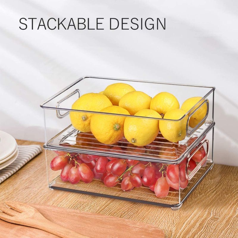 Photo 1 of  4 pack clear Refrigerator Organizer Bins - 8 Pack Stackable Kitchen Pantry Organization and Storage Bins with Handles for Fridge, Cabinets, Shelves, Drawer, Freezer - Food Safe, BPA Free