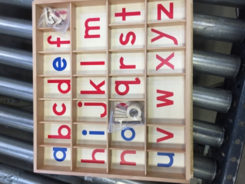 Photo 3 of Elite Montessori Wooden Movable Alphabet with Box Preschool Spelling Learning Materials (Red & Blue, 5mm Thick) -- Wood Edge Broken off x2