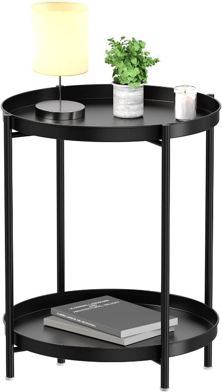 Photo 1 of EKNITEY 2 Tier End Table - Metal Side Table Waterproof Small Sofa Coffee Side Tables Bedroom Indoor Outdoor with Removable Tray for Living Room Bedroom Balcony and Office (Black) -- Few Scuffs and Scratches on Item 