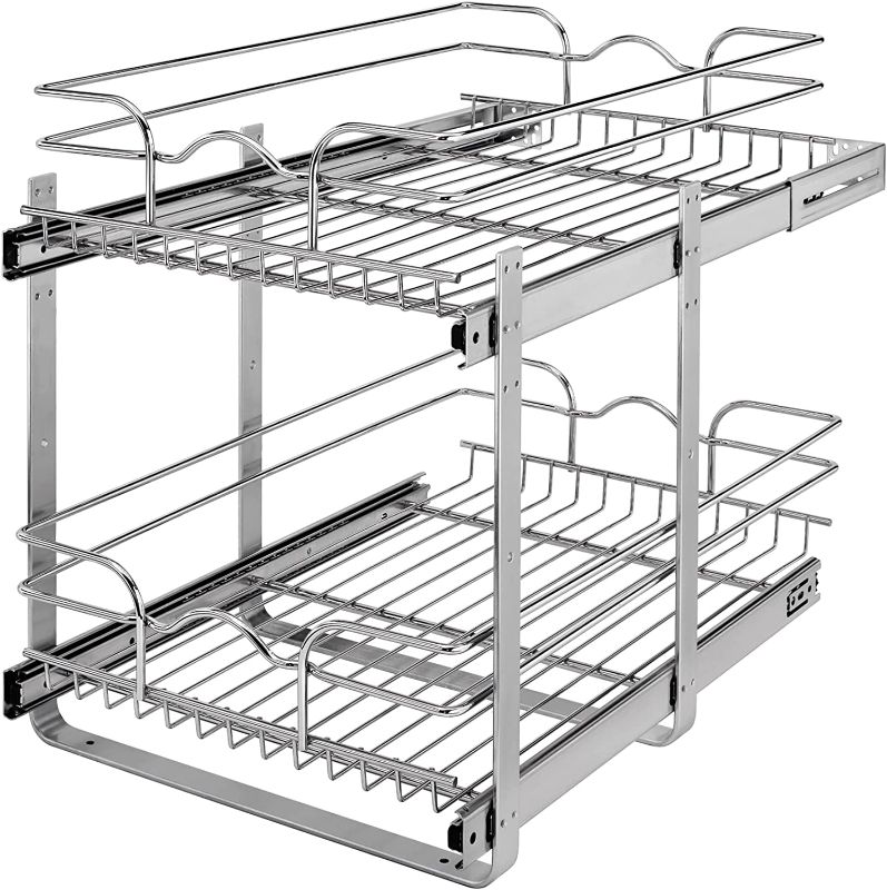 Photo 1 of 11 x 21 Inch 2-Tier Wire Basket Pull Out Shelf Storage for Kitchen Base Cabinet Organization, Chrome
