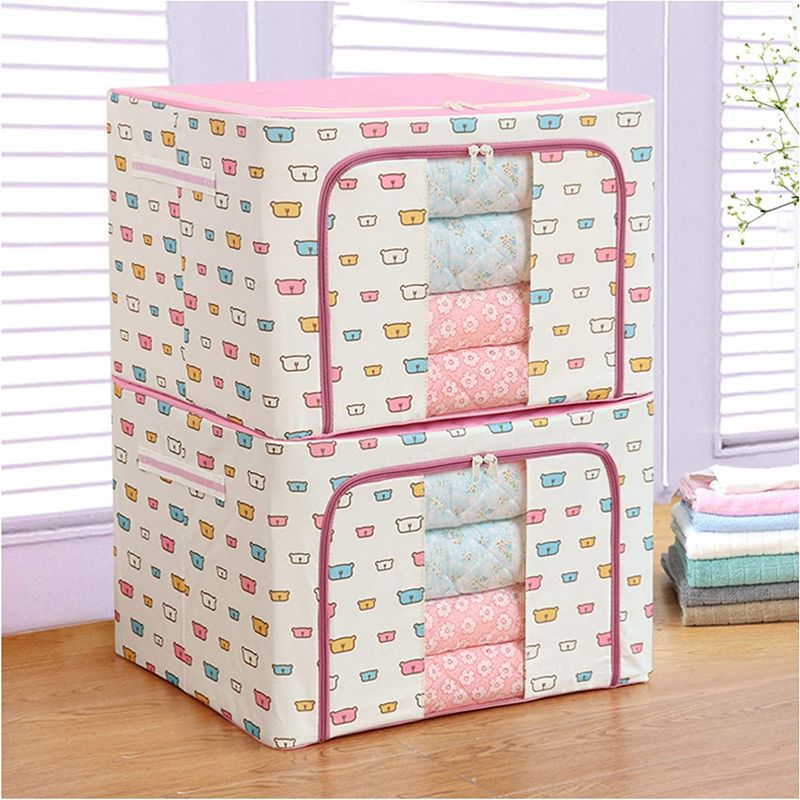 Photo 1 of 2 Pack 100L Foldable Storage Box, Large Capacity Clothing Storage Box with Steel Frame Support, Stackable Container Clothing Storage Box with Transparent Window and Carry Handles (100L, 2xPink Bear)