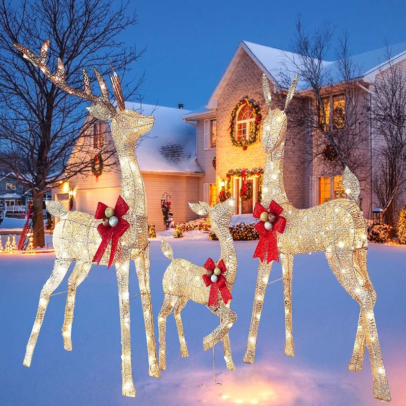 Photo 1 of 4.6FT Outdoor Lighted Christmas Decorations Deer Family,3-Piece Lighted Christmas Reindeer with Bell Bows,Outdoor Holiday Yard Decorations with 240 Warm White LED Lights, Ground Stakes, Zip Ties
