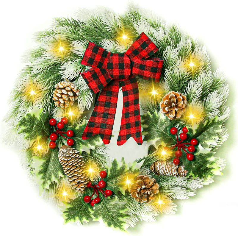 Photo 1 of 
16 Inch Lighted Christmas Wreath, Home Front Door Wreath with 20 LED Lights Red Bows Spruce Berries Pine Cone, Xmas Artificial Garland with Timer for...