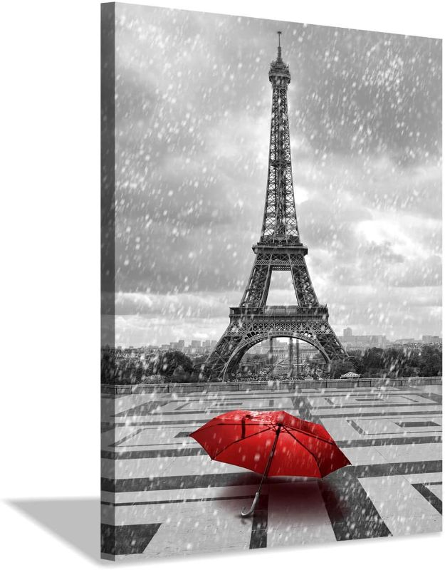 Photo 1 of ARTISTIC PATH Eiffel Tower Painting Wall Art: Paris Cityscape Artwork Red Umbrella Picture Print on Canvas for Bedroom (18''W x 24''H)

