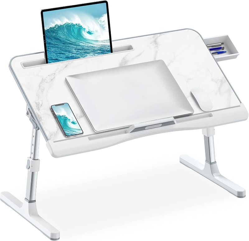 Photo 1 of Bed Desk for Laptop, Adjustable Laptop Desk with Foldable Legs Storage Drawer Tablet Slot Removable Stopper, Portable Lap Desk for Writing Working Reading Eating (Large, White Marble)
