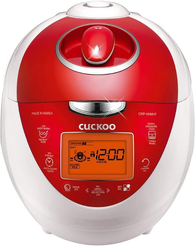 Photo 1 of CUCKOO CRP-N0681FV | 6-Cup (Uncooked) Pressure Rice Cooker | 16 Menu Options: Sushi Rice, Nu Rung Ji, Brown Rice, & More, Made in Korea | White/Red
