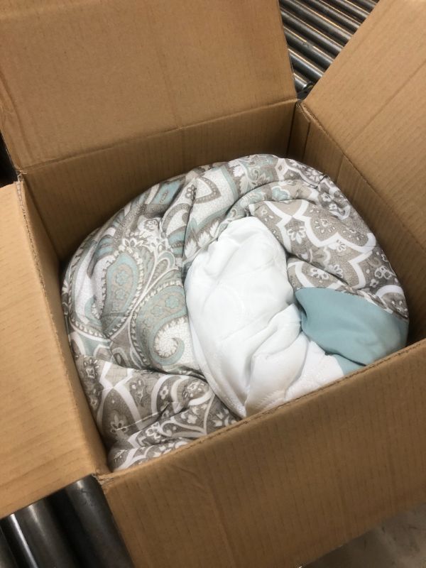 Photo 3 of 510 DESIGN Luxe Quilted Comforter Set Modern Transitional Design, All Season Down Alternative Warm Bedding Matching Shams, Bedskirt, Decorative Pillow, Queen, Shawnee Scrollwork Seafoam Shawnee Scrollwork Seafoam Queen