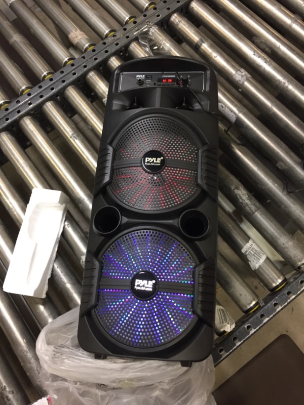 Photo 2 of Pyle Portable Bluetooth PA Speaker System - 600W Rechargeable Outdoor Bluetooth Speaker Portable PA System w/ Dual 8” Subwoofer 1” Tweeter, Microphone In, Party Lights, USB, Radio, Remote - PPHP2835B