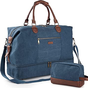 Photo 1 of Canvas Travel Tote Luggage Men's Weekender Duffle Bag with Shoe compartment and Toiletry Bag (Blue)
