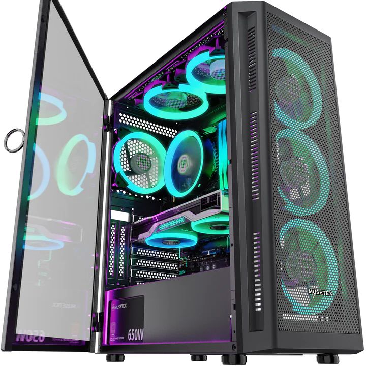 Photo 1 of MUSETEX Mid-Tower ATX PC Case Pre-Installed 6pcs 120mm ARGB Fans, Mesh Computer Gaming Case, Opening Tempered Glass Side Panels, USB 3.0 x 2, Black, TW8-S6-B
