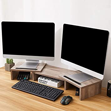 Photo 1 of Dual Monitor Stand, Monitor Stands for 2 Monitors, Monitor Stand Riser for PC, Computer, Laptop - Computer Monitor Stand with Adjustable Length and Angle, Desktop Organizer with 2 Slots
