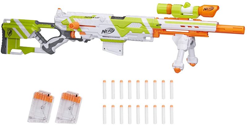 Photo 1 of Nerf Longstrike Nerf Modulus Toy Blaster with Barrel Extension Bipod Scopes 18 Modulus Elite Darts 3 Six-Dart Clips ( Exclusi