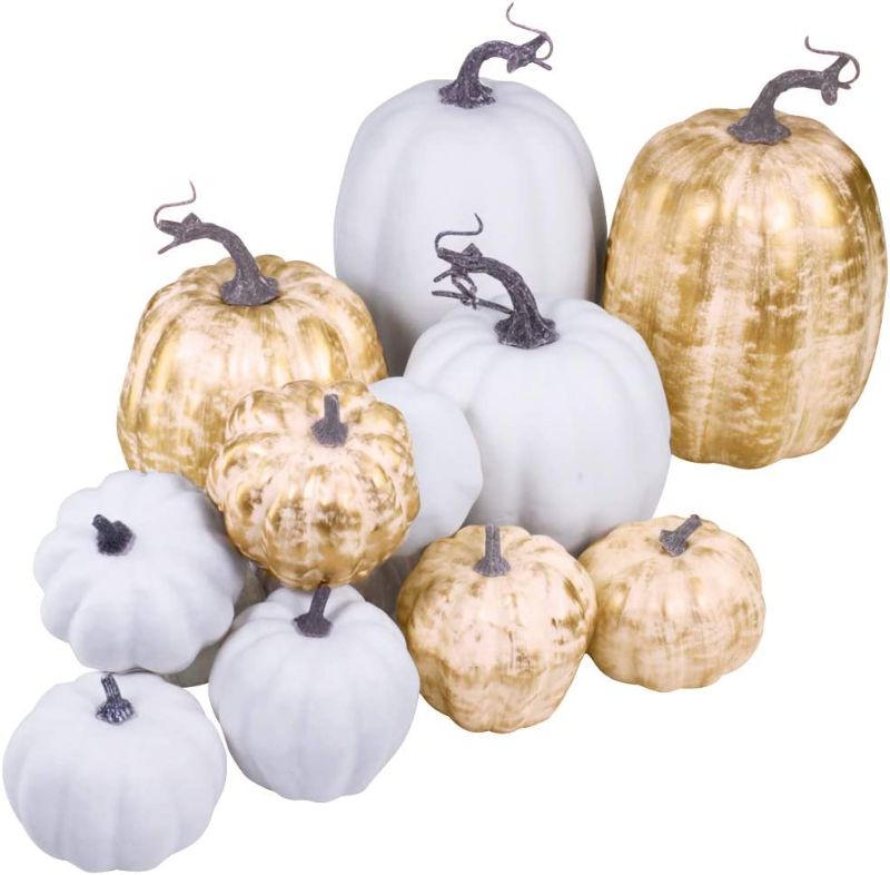 Photo 1 of 14 Pcs Assorted Fall Artificial Pumpkins Harvest Frosted Pumpkins Gold Brushed White Foam Pumpkins and White Faux Pumpkins for Fall Autumn Season Halloween Thanksgiving Harvest Holiday Season Festive

