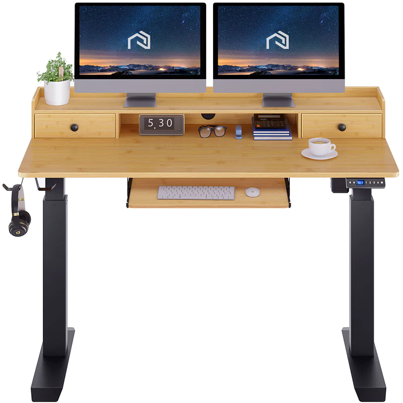 Photo 1 of Rolanstar height adjustable desk 47" standing desk with keyboard tray and monitor shelf electric standing table with double headphone hooks bamboo color 