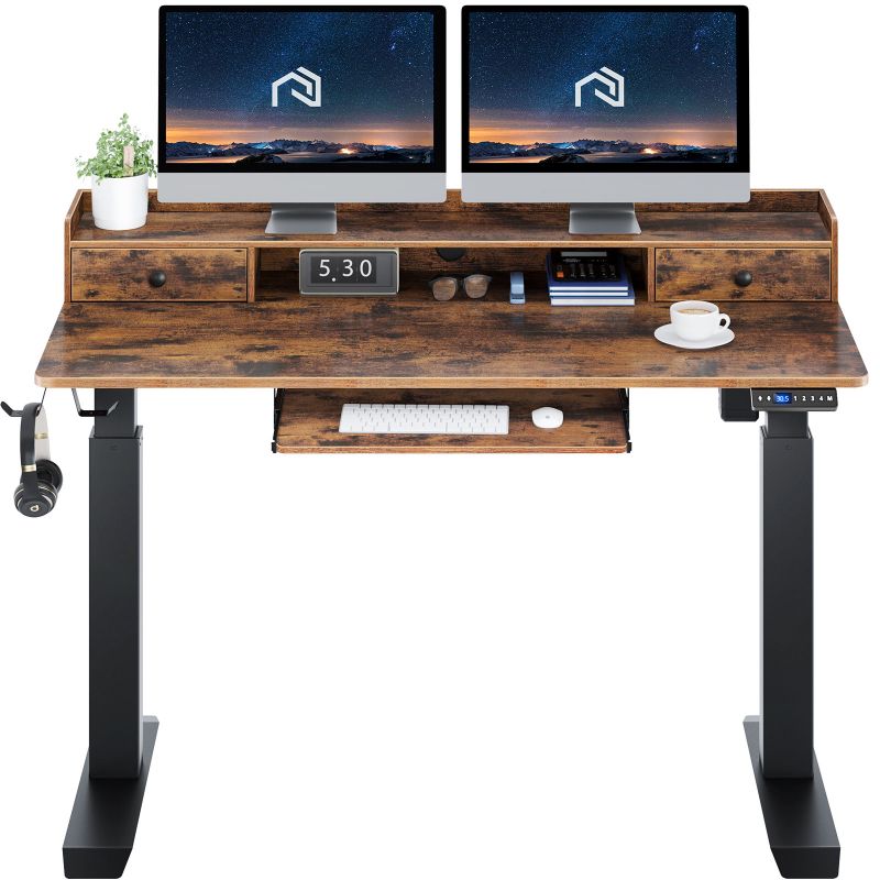 Photo 1 of Rolanstar height adjustable desk 47" standing desk with drawers and monitor shelf electric standing table with double headphone hooks rustic brown 
