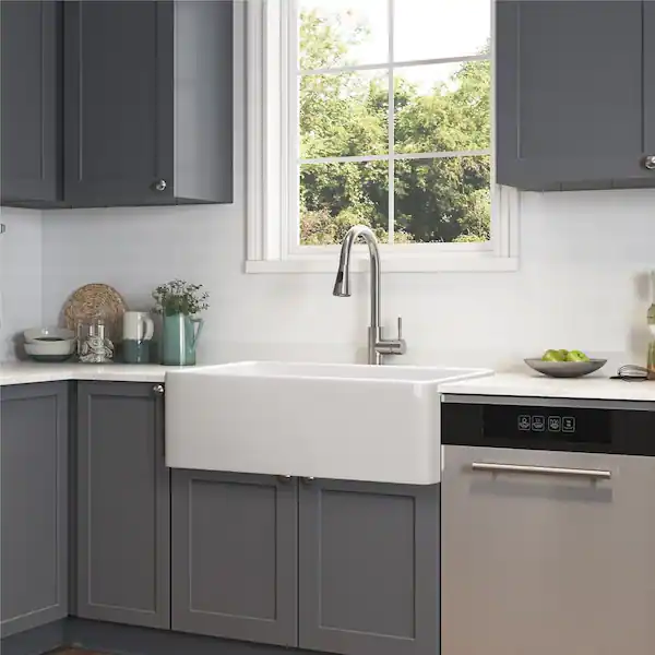 Photo 1 of White Fireclay 33 in. Single Bowl Farmhouse Apron Kitchen Sink with Grid and Strainer
