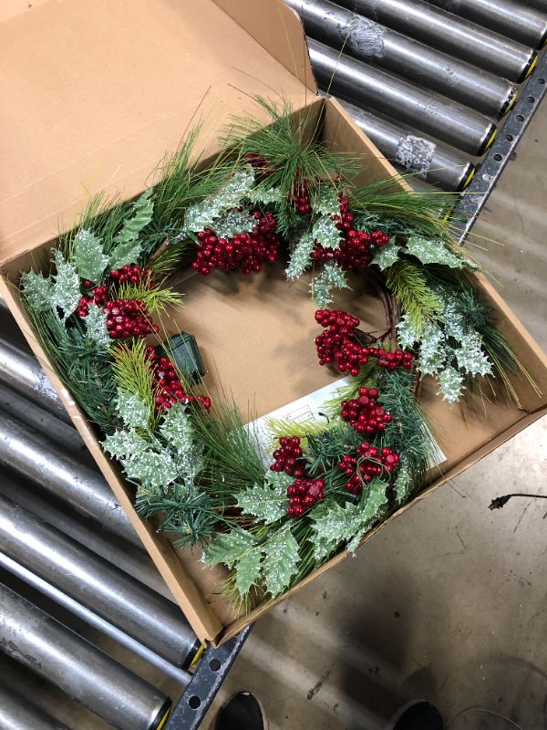 Photo 2 of 22” Light-Up Christmas Wreath with Evergreen & Red Berries, Battery-Operated LED Lights with Timer