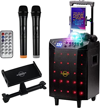 Photo 1 of Starument Portable Karaoke Machine for Adults & Kids Complete Karaoke System Includes Bluetooth Speakers on Wheels, 2 Bluetooth Microphones, Disco Ball, LED Speaker Light, Cell Phone Stand & USB Aux
