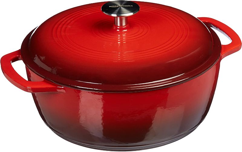 Photo 1 of Amazon Basics Enameled Cast Iron Covered Dutch Oven, 7.3-Quart, Red
