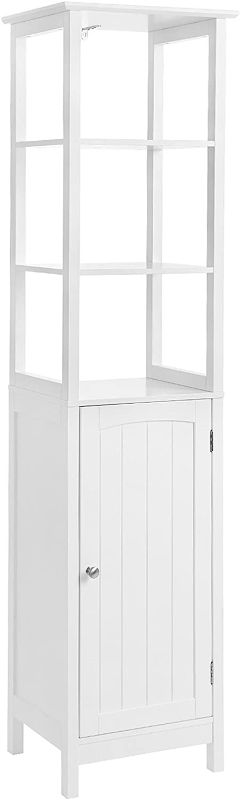 Photo 1 of VASAGLE Floor Cabinet, Multifunctional Bathroom Storage Cabinet with 3-Tier Shelf, Free-Standing Linen Tower, Wooden Cupboard, White UBBC63WT