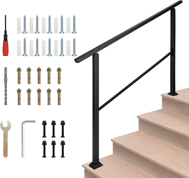 Photo 1 of BOODVON Handrails for Outdoor Steps, Fits 3 to 4 Steps Stair Railing, Adjustable Black Wrought Iron Hand Rails with Installation Kit, Transitional Handrails for Concrete Steps or Porch Railing--------Lightly Used---------missing some items and hardware/sc