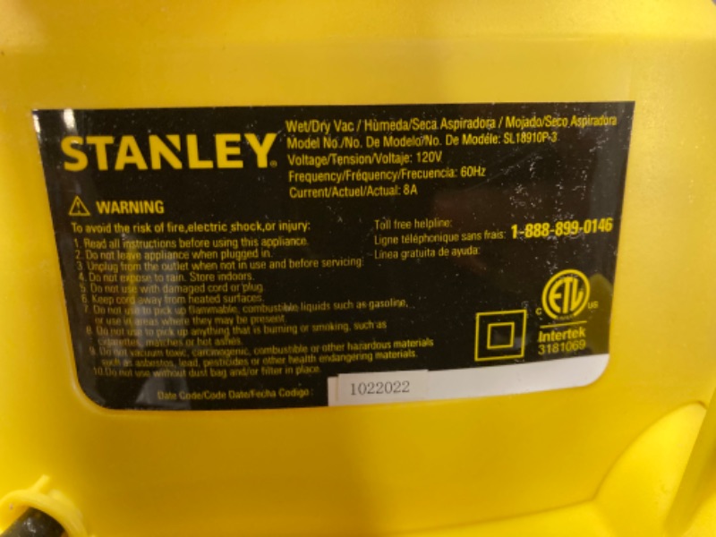 Photo 2 of Stanley SL18910P-3 Wet/Dry, 3 Gallon, 3 Horsepower, Portable Car Vacuum, 3.0 HP AC, Black+Yellow
