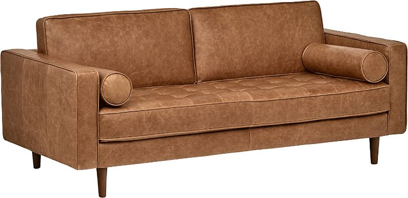 Photo 1 of Amazon Brand – Rivet Aiden Mid-Century Modern Tufted Leather Loveseat Sofa, 74"W, Cognac
